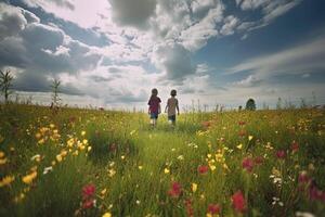 pojke och flicka gående på blomning fält i solnedgång. silhuetter av barn mot skön landskap. romantisk känslor och känslor av par. skapas med generativ ai foto