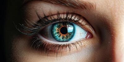 Foto av makro skott detalj skön kvinna blå öga
