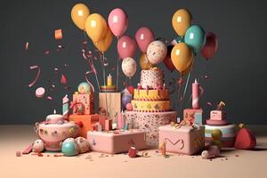 Lycklig födelsedag till du design bakgrund med kaka och ljus dekoration och balong. ai genererad foto