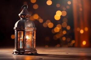 ramadan kareem islamic hälsningar design bakgrund med skön natt ljus bokeh effekt. ai genererad foto