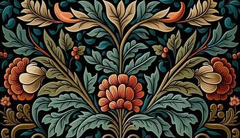 generativ ai, blommig färgrik mönster. william morris inspirerad naturlig växter och blommor bakgrund, årgång illustration. folk stil foto