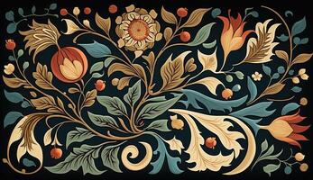 generativ ai, blommig färgrik mönster. william morris inspirerad naturlig växter och blommor bakgrund, årgång illustration. folk stil foto