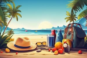 tropisk strand med solbad Tillbehör, solglasögon, sommar Semester begrepp bakgrund foto