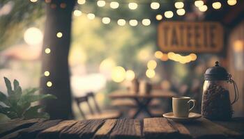 suddig bakgrund - kaffe affär i trädgård fläck bakgrund med bokeh. generativ ai foto
