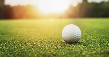 golf boll på grön gräs solnedgång bakgrund foto