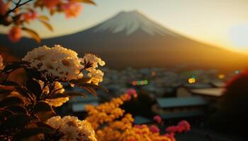 se av montera fuji med körsbär blomma, och blommor på de sjö i japan. montera fuji med körsbär blomma, blommor på de sjö i japan fuji berg på synpunkt. generativ ai foto