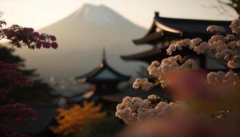 se av montera fuji med körsbär blomma, och blommor på de sjö i japan. montera fuji med körsbär blomma, blommor på de sjö i japan fuji berg på synpunkt. generativ ai foto