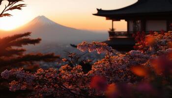 se av montera fuji med körsbär blomma, och blommor på de sjö i japan. montera fuji med körsbär blomma, blommor på de sjö i japan fuji berg på synpunkt. generativ ai foto