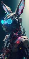 porträtt av en kanin cyborg man med trogen Färg metall virtuell verklighet glasögon, kanin cyborg man förändrad verklighet och trogen syn 3d. obefintlig person. generativ ai foto