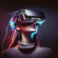kvinna bär virtuell verklighet glasögon stående i virtuell värld bakgrund. begrepp av virtuell verklighet teknologi. obefintlig person. generativ ai foto