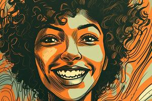 Lycklig kvinna porträtt. teckning av skön leende kvinna. generativ ai foto