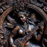 saraswati hindu gudinna konstverk på trä gammal bild ai generativ foto