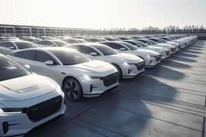 ny själv körning bilar flotta väntar till vara exporterade, stor belopp av elektrisk fordon i återförsäljare parkering foto