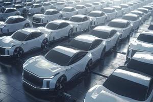 ny själv körning bilar flotta väntar till vara exporterade, stor belopp av elektrisk fordon i återförsäljare parkering foto