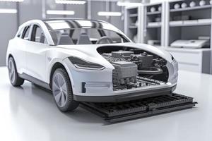 elektrisk bil forskning och utveckling med 3d tolkning ev bil med packa av batteri celler modul på plattform foto