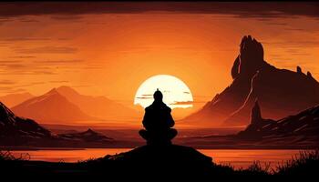 man mediterar på en omfattande enkel silhouetted mot de Sol generativ ai foto