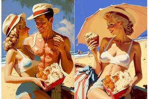 eleganta man och kvinna på de strand gil elvgren stil generativ ai foto