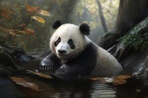 liten söt panda i en skön skog generativ ai foto