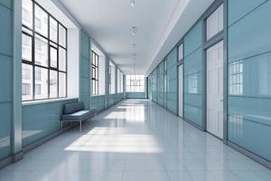 lång sjukhus ljus korridor med rum och blå säten 3d tolkning foto