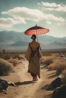 tillbaka se av geisha innehav ett paraply generativ ai foto