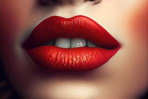 närbild av en perfekt mun med röd läppstift generativ ai foto