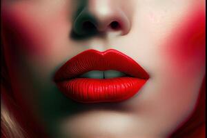 extrem närbild av en perfekt mun av kvinnor med röd läppstift generativ ai foto