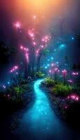 färgrik bioluminescens växter i skog kristaller skön se generativ ai foto
