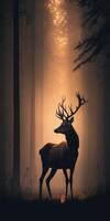 mörk skog dimma morgon- Sol mörk brun rådjur bild generativ ai foto