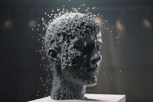3d upplösande mänsklig huvud tillverkad med kub formad partiklar foto