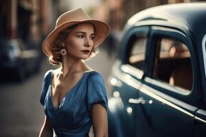 Foto av en kvinna bär en blå klänning och en hatt, med en stad gata och en årgång bil i de bakgrund. generativ ai