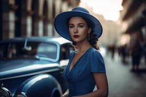 Foto av en kvinna bär en blå klänning och en hatt, med en stad gata och en årgång bil i de bakgrund. generativ ai