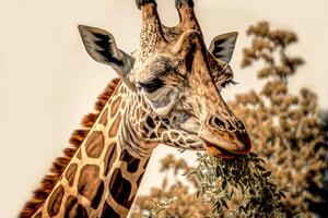 de munkorg av en giraff äter lövverk från en träd. ai genererad foto