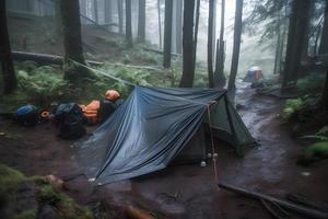 vildmark överlevnad. bushcraft tält under de presenning i tung regn, fattande de kyla av gryning. en scen av uthållighet och elasticitet foto