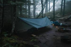 vildmark överlevnad. bushcraft tält under de presenning i tung regn, fattande de kyla av gryning. en scen av uthållighet och elasticitet foto