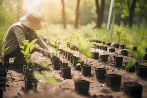 plantering träd för en hållbar framtida. gemenskap trädgård och miljö- bevarande - främja livsmiljö restaurering och gemenskap engagemang på jord dag foto