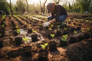 plantering träd för en hållbar framtida. gemenskap trädgård och miljö- bevarande - främja livsmiljö restaurering och gemenskap engagemang på jord dag foto