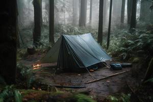 vildmark överlevnad. bushcraft tält under de presenning i tung regn, fattande de kyla av gryning. en scen av uthållighet och elasticitet foto