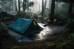 vildmark överlevnad. bushcraft tält under de presenning i tung regn, fattande de kyla av gryning. en scen av uthållighet och elasticitet foto