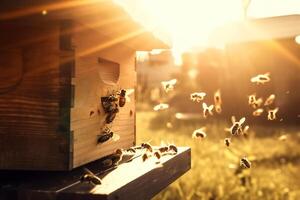 en svärm av bin flygande runt om de bikupa efter en dag av samlar nektar från blommor mot de miljö Sol, gyllene timme. de begrepp av biodling och förvaring bin. ai genererad foto