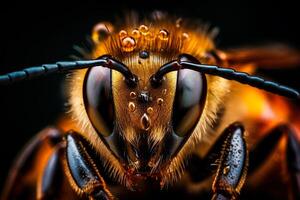 mycket stänga och detaljerad makro porträtt av en bi täckt i nektar och honung mot en mörk bakgrund. ai genererad foto
