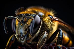 mycket stänga och detaljerad makro porträtt av en bi täckt i nektar och honung mot en mörk bakgrund. ai genererad foto