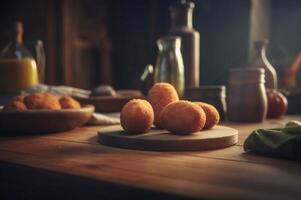 utsökt hemlagad kroketter på trä- tabell i rustik kök bakgrund. ai genererad foto