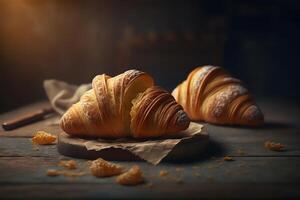 utsökt hemlagad croissanter på rustik trä- kök tabell. ai genererad foto