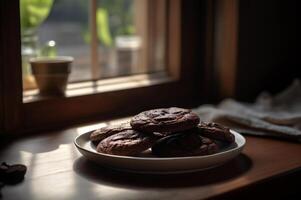 utsökt hemlagad choklad småkakor på rustik trä- tabell. ai genererad foto