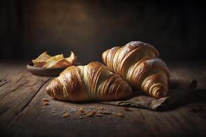 utsökt hemlagad croissanter på rustik trä- kök tabell. ai genererad foto