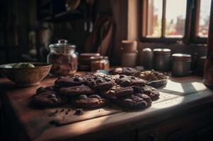 utsökt hemlagad choklad småkakor på rustik trä- tabell. ai genererad foto