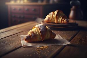 utsökt hemlagad croissanter på rustik trä- kök tabell. ai genererad foto