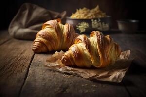 utsökt hemlagad croissanter på rustik trä- kök tabell. ai genererad foto