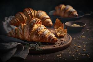 utsökt hemlagad croissanter på rustik trä- kök tabell. ai genererad foto