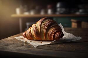 utsökt hemlagad croissanter på rustik trä- kök tabell. ai genererad foto